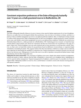 Consistent Oviposition Preferences of the Duke of Burgundy Butterfy Over 14 Years on a Chalk Grassland Reserve in Bedfordshire, UK