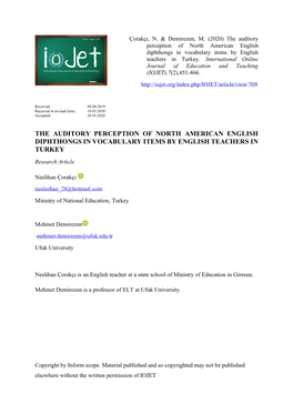 The Auditory Perception of North American English Diphthongs in Vocabulary Items by English Teachers in Turkey