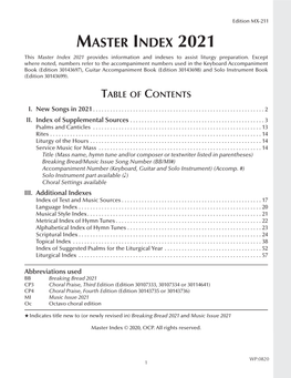 Master Index 2021 This Master Index 2021 Provides Information and Indexes to Assist Liturgy Preparation