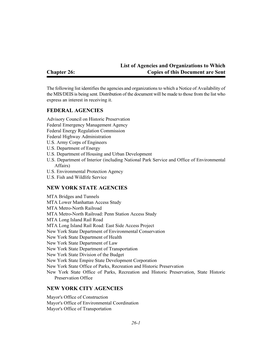 List of Agencies and Organizations to Which Chapter 26: Copies of This Document Are Sent