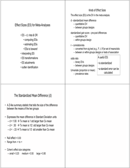 Effect Sizes (ES) for Meta-Analyses the Standardized Mean Difference