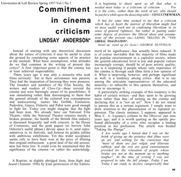 Commitment in Cinema Criticism LINDSAY ANDERSON