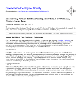 Dissolution of Permian Salado Salt During Salado Time in the Wink Area, Winkler County, Texas Kenneth S