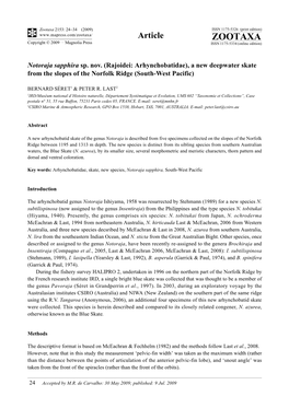 Zootaxa, Notoraja Sapphira Sp. Nov. (Rajoidei: Arhynchobatidae), a New