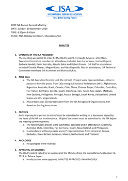 2019 ISA Annual General Meeting DATE: Sunday, 10 September 2019 TIME: 6:30Pm -8:45Pm PLACE: ANA Holiday Inn Resort, Miyazaki JAPAN
