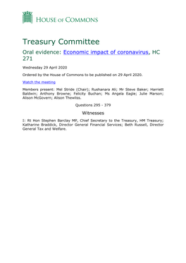 Treasury Committee Oral Evidence: Economic Impact of Coronavirus, HC 271