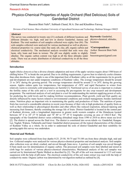 Physico-Chemical Properties of Apple Orchard (Red Delicious) Soils of Ganderbal District Baseerat Binti Nabi*, Subhash Chand, M.A