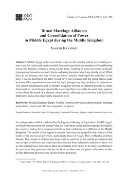 Ritual Marriage Alliances and Consolidation of Power in Middle Egypt During the Middle Kingdom