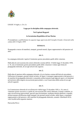 Legge Per La Disciplina Della Campagna Elettorale. Noi Capitani