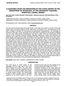 A Cadaveric Study on Variations of the Cystic Artery in the Department of Pathology, at the University Teaching Hospitals, Lusaka, Zambia