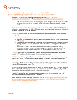 Technivie™ (Ombitasvir/Paritaprevir/Ritonavir) and Viekira XR™ (Dasabuvir/Ombitasvir/Paritaprevir/Ritonavir) – Product Discontinuations