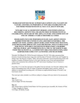 World Renowned Music Superstars Faith Evans, Naughty by Nature and India to Perform at Newark Celebration 350 Founders Weekend Festival May 13-15, 2016 in Newark