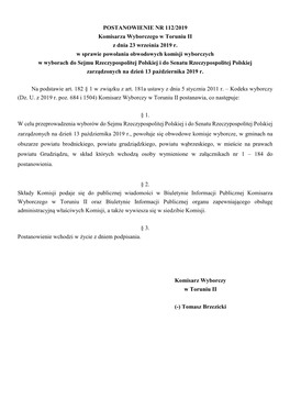 POSTANOWIENIE NR 112/2019 Komisarza Wyborczego W Toruniu II Z Dnia 23 Września 2019 R