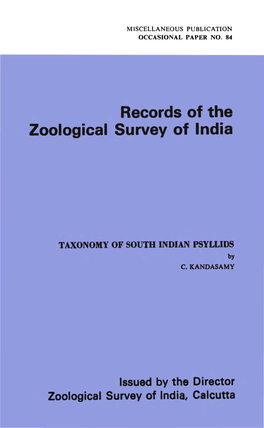 Ecords of the Zoolog-Cal Survey of India