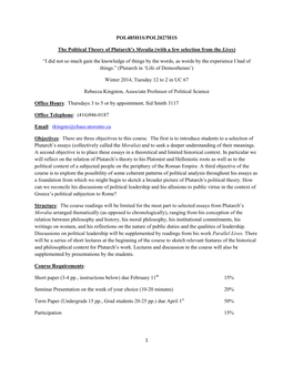 1 POL485H1S/POL2027H1S the Political Theory of Plutarch's Moralia