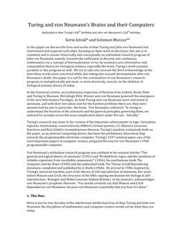 Turing and Von Neumann's Brains and Their Computers