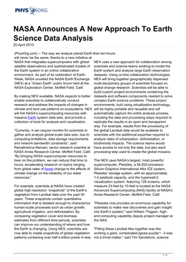 NASA Announces a New Approach to Earth Science Data Analysis 20 April 2010