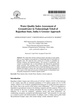 Water Quality Index Assessment of Groundwater in Todaraisingh Tehsil of Rajasthan State, India-A Greener Approach