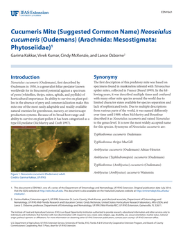 Neoseiulus Cucumeris (Oudemans) (Arachnida: Mesostigmata: Phytoseiidae)1 Garima Kakkar, Vivek Kumar, Cindy Mckenzie, and Lance Osborne2