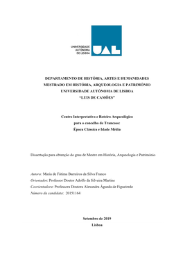 Departamento De História, Artes E Humanidades Mestrado Em História, Arqueologia E Património Universidade Autónoma De Lisboa “Luis De Camões”