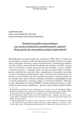 Dowód Na Polski Antysemityzm Czy Raczej Świadectwo Przełomowych Czasów? (Przyczynek Do Stosunków Polsko-Żydowskich)