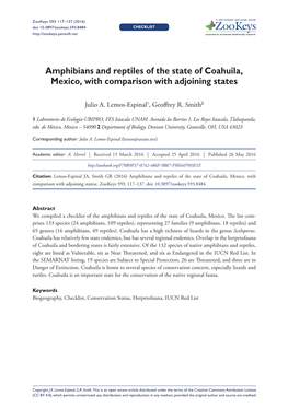 Amphibians and Reptiles of the State of Coahuila, Mexico, with Comparison with Adjoining States