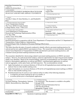 Effective Pavement Marking Practices for Sealcoat and Hot-Mix Asphalt (HMAC) Pavements in Texas