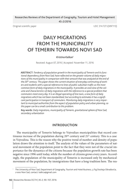 Daily Migrations from the Municipality of Temerin Towards Novi Sad