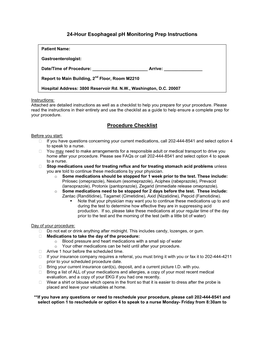 24-Hour Esophageal Ph Monitoring Prep Instructions Procedure Checklist