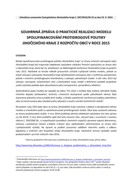 Souhrnná Zpráva O Praktické Realizaci Modelu Spolufinancování Protidrogové Politiky Jihočeského Kraje Z Rozpočtu Obcí V Roce 2015