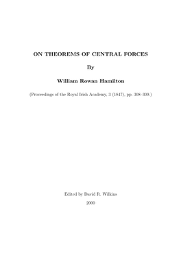 ON THEOREMS of CENTRAL FORCES by William Rowan Hamilton