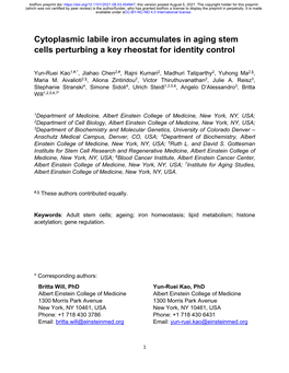 Cytoplasmic Labile Iron Accumulates in Aging Stem Cells Perturbing a Key Rheostat for Identity Control