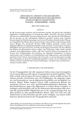 Erinnerung, Fiktion Und Geschichte. Über Die Transformation Des Erlebten Ins Kulturelle Gedächtnis: Walser – Wilkomirski – Grass