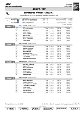 START LIST 800 Metres Women - Round 1 First 3 in Each Heat (Q) and the Next 6 Fastest (Q) Advance to the Semi-Finals