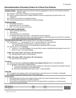 Dexmedetomidine (Precedex) Orders for Critical Care Patients