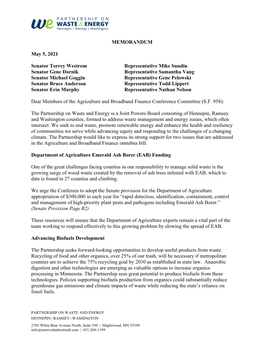 MEMORANDUM May 5, 2021 Senator Torrey Westrom Representative