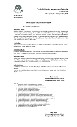 Daily Flood Situation Bulletin Balochistan 12 Sep 2012.Pdf