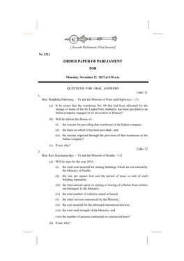 Order Paper of Parliament