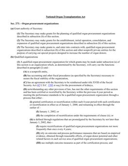 National Organ Transplantation Act Sec. 273