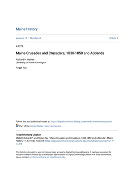 Maine Crusades and Crusaders, 1830-1850 and Addenda