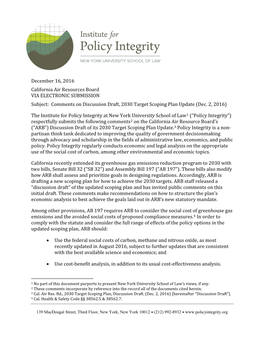 December 16, 2016 California Air Resources Board VIA ELECTRONIC SUBMISSION Subject: Comments on Discussion Draft, 2030 Target Scoping Plan Update (Dec