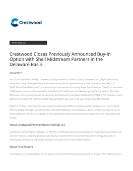 Crestwood Closes Previously Announced Buy-In Option with Shell Midstream Partners in the Delaware Basin