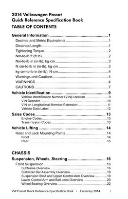 2014 Volkswagen Passat Quick Reference Specification Book Table of Contents