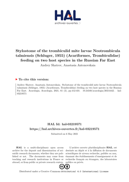 Stylostome of the Trombiculid Mite Larvae Neotrombicula Talmiensis