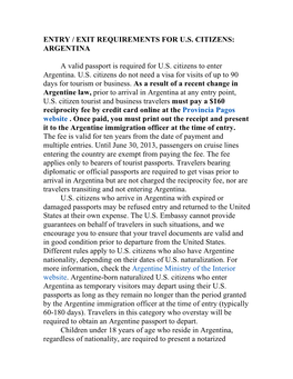 Entry / Exit Requirements for U.S. Citizens: Argentina A