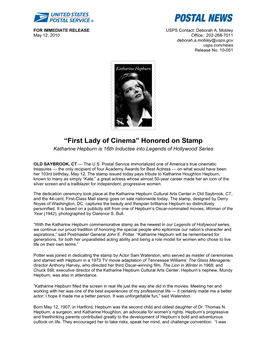 “First Lady of Cinema” Honored on Stamp Katharine Hepburn Is 16Th Inductee Into Legends of Hollywood Series