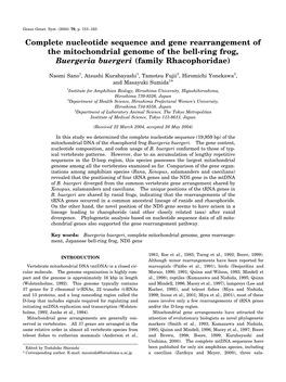 Complete Nucleotide Sequence and Gene Rearrangement of the Mitochondrial Genome of the Bell-Ring Frog, Buergeria Buergeri (Family Rhacophoridae)