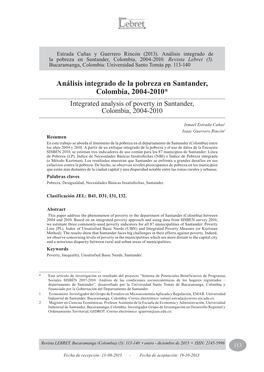 Análisis Integrado De La Pobreza En Santander, Colombia, 2004-2010* Integrated Analysis of Poverty in Santander, Colombia, 2004-2010