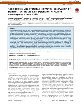 Angiopoietin-Like Protein 3 Promotes Preservation of Stemness During Ex Vivo Expansion of Murine Hematopoietic Stem Cells