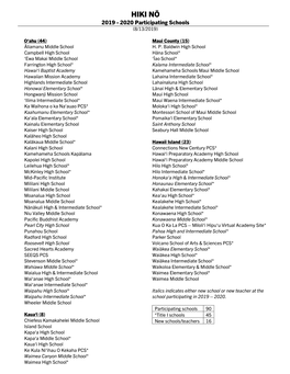 HIKI NŌ 2019 - 2020 Participating Schools (8/13/2019)